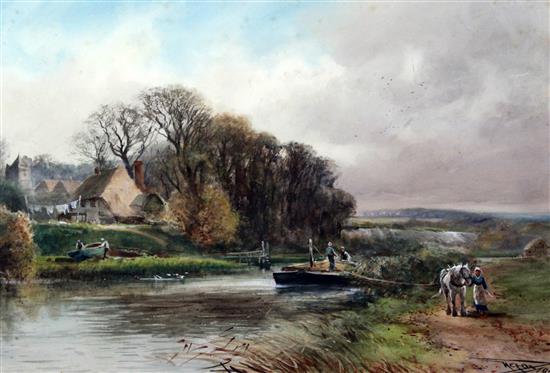 Henry Charles Fox (1855-1929) Horsedrawrn canal barge in a landscape 38 x 55cm